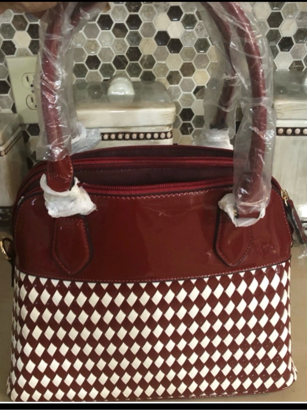 Geometric Elegant Burgundy Lattice Satchel Purse